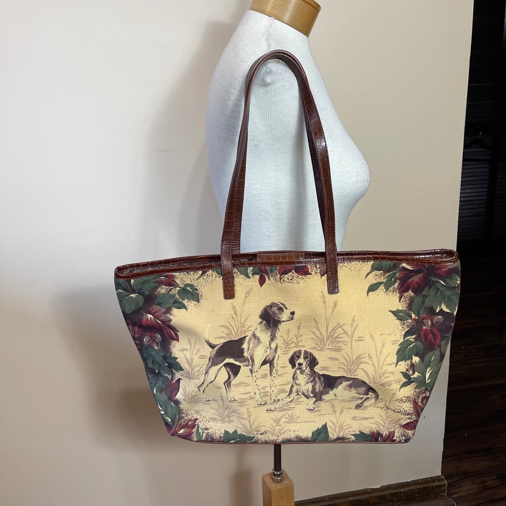 Talbots Hunting Dog Tapestry Tote Bag Brown Leather Trim Paisley Lining Large - Picture 2 of 10